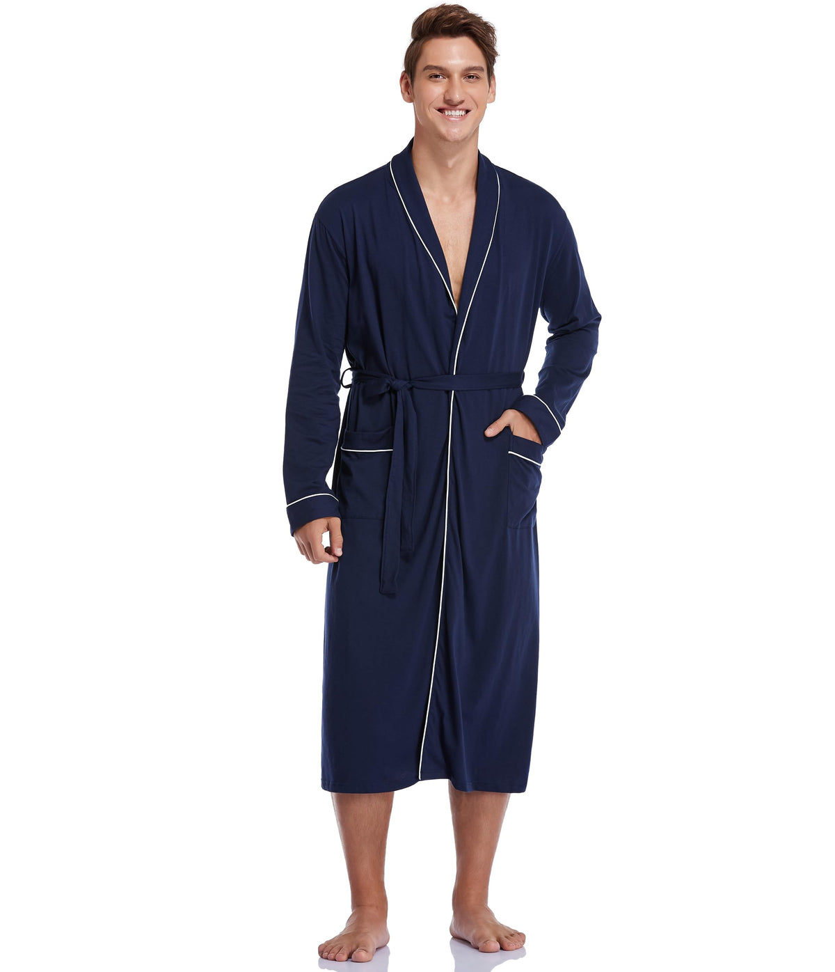 CF Men's 100% Cotton Robe Lightweight Bathrobe Long Sleeve Knit Kimono Sleepwear Soft Knee Length Shower Robe with Pockets