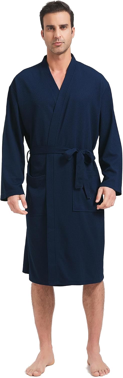 FashGudim Mens Lightweight Waffle Knit Robe Soft Kimono Spa Bathrobes Knee Length Summer Robes
