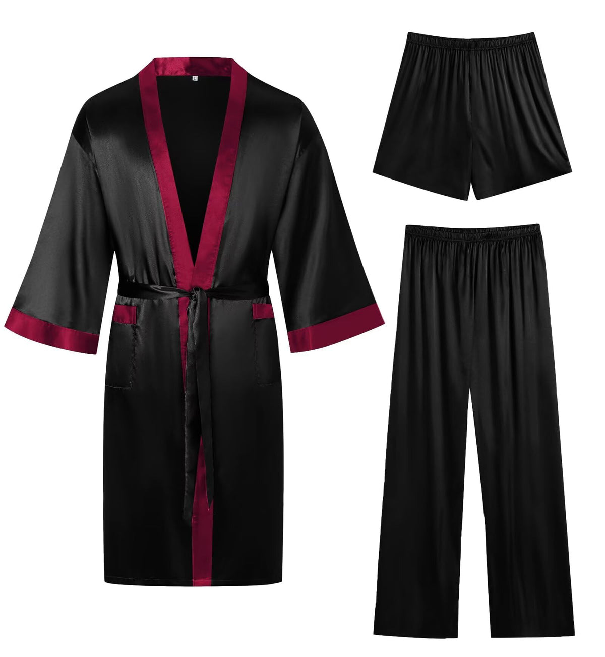 SWOMOG 3Pcs Men's Satin Robe Silk Satin Kimono Bathrobe with Shorts&Pants Set Soft Lightweight Nightwear