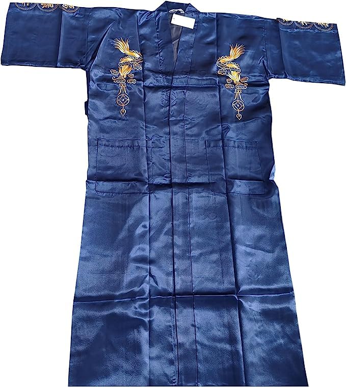 Mens Silk Kimono Robe Mens Japanese Silk Dragon Bathrobe Chinese Kimono Robe Men Open Front Long Cloak with Belt