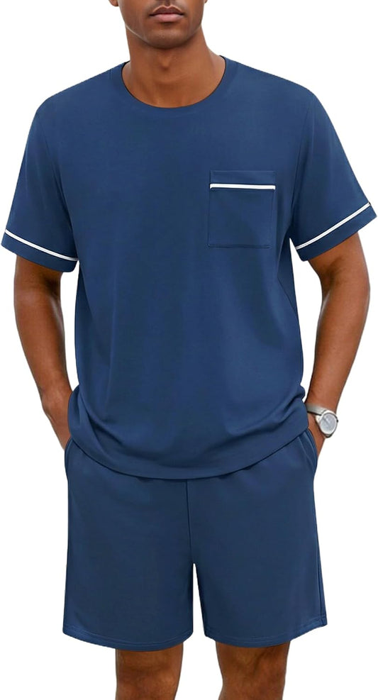 Ekouaer Men pajama set 2 Piece Short Sleeve Shirt and Shorts Lounge Sets