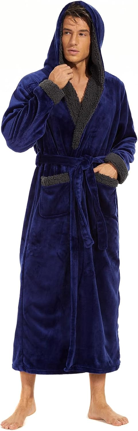 iniber Mens Hooded Robe, Soft Lightweight Plush Robes for Men, Warm Long Fleece Men's Bathrobe with Pockets
