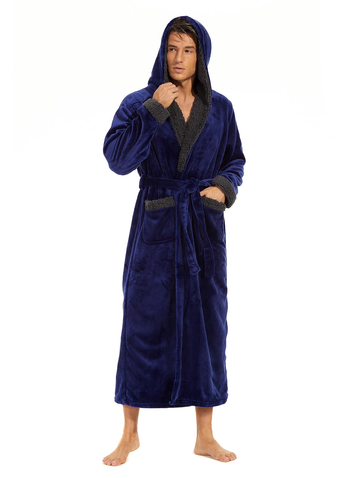 iniber Mens Hooded Robe, Soft Lightweight Plush Robes for Men, Warm Long Fleece Men's Bathrobe with Pockets