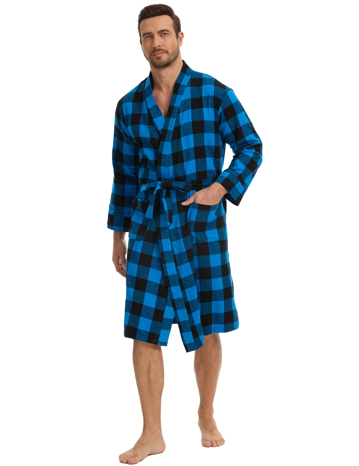 Zerbala Men's Flannel Robe Knee Length Plaid Bathrobe