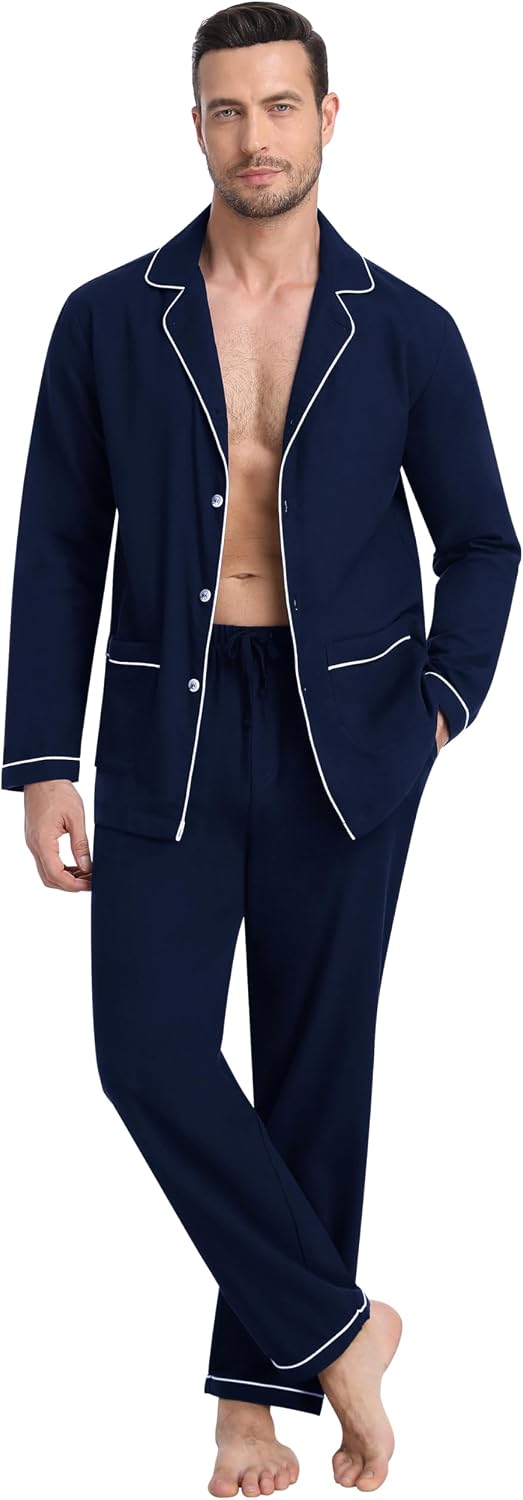 MoFiz Mens Pajama Set Soft Cotton Button Down Notched Collar Pjs Long Sleeve 2 Piece Sleepwear Lounge Nightwear with Pocket
