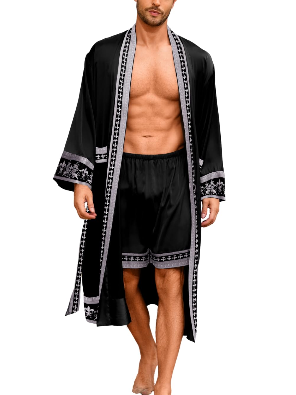 ChiaoLezhee Men's Luxury Silky Robe & Shorts Set, 2PC Lightweight Satin Pajamas with Pockets, Opulent Baroque Kimono Gifts