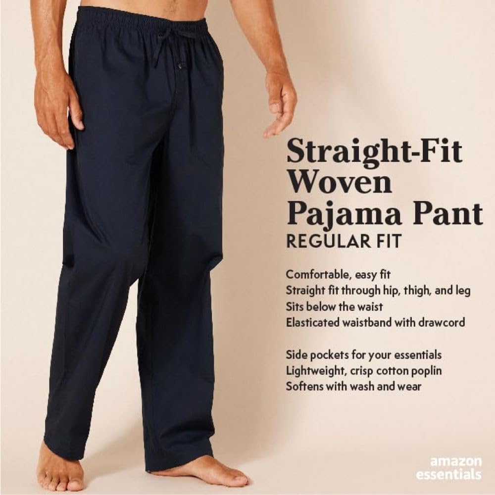 Amazon Essentials Men's Cotton Poplin Straight-Fit Pajama Pants with Pockets, Elastic Waist, Drawstring