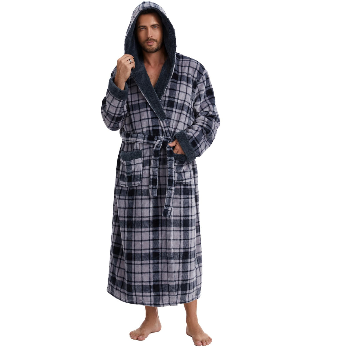 iniber Mens Hooded Robe, Soft Lightweight Plush Robes for Men, Warm Long Fleece Men's Bathrobe with Pockets