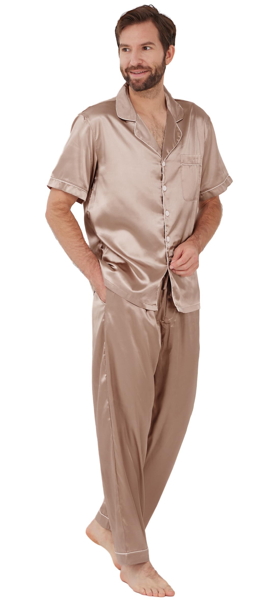 YIMANIE Mens Pajamas Silk Satin Pajamas for Men Soft Sleepwear Button Down Loungewear with Pockets