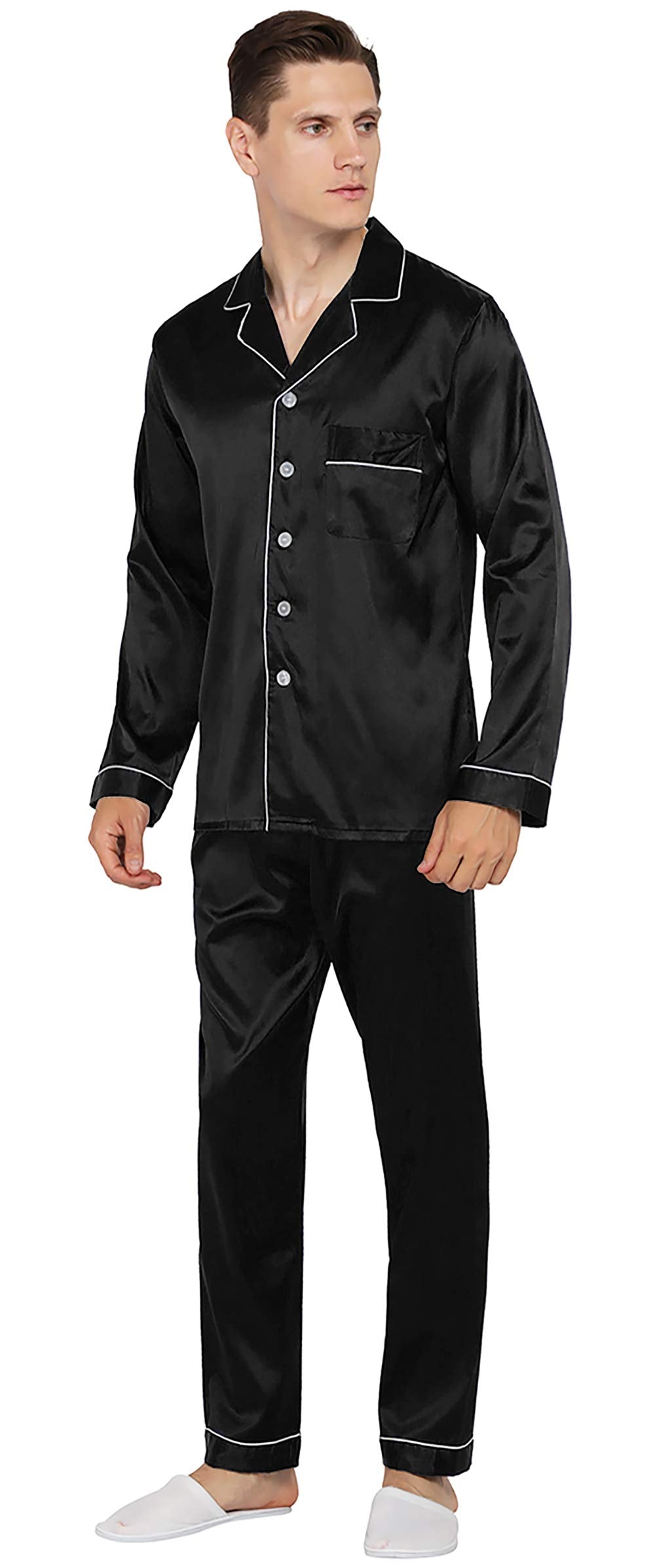 YIMANIE Mens Pajamas Silk Satin Pajamas for Men Soft Sleepwear Button Down Loungewear with Pockets