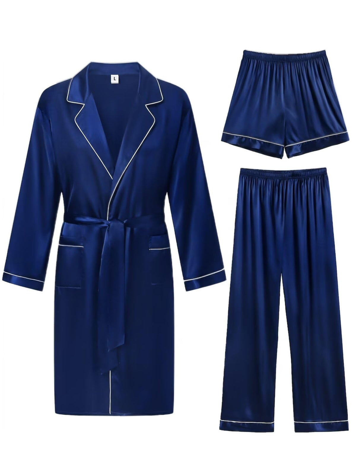 SWOMOG Men's 3 Pcs Robe Silk Satin Bathrobe with Shorts&Pants Set Soft Sleepwear Lightweight Loungewear