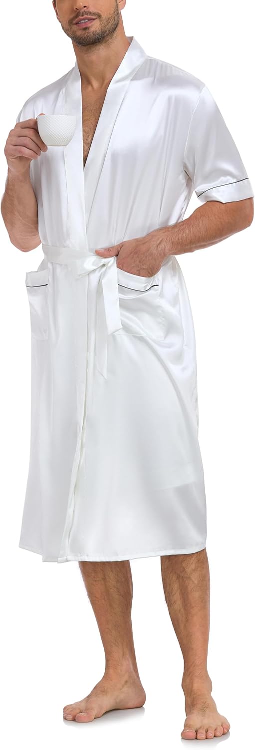 VOGMATE Men's Kimono Robe with Shorts 2 Pieces Silky Pajama Set Lightweight Satin Bathrobe Soft Sleepwear