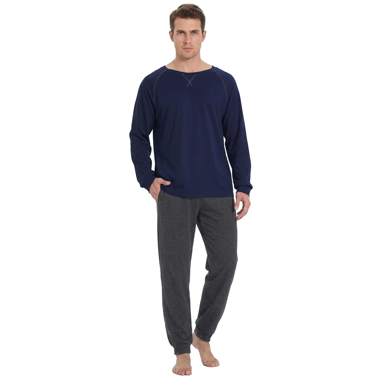 U2SKIIN Mens Organic Cotton Pajama Set Crew Neck Long Sleeve Sleepwear Pjs