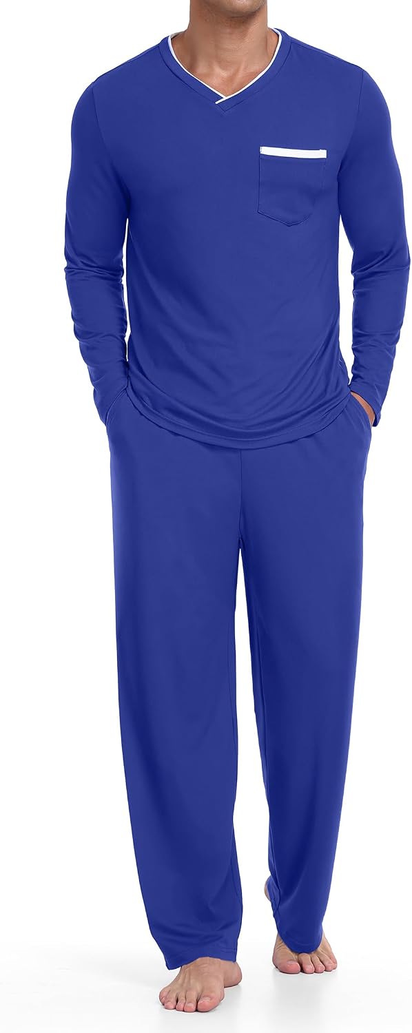 RQP Men's Long Sleeve Pajama Set Soft Stretch Sleepwear with Pockets