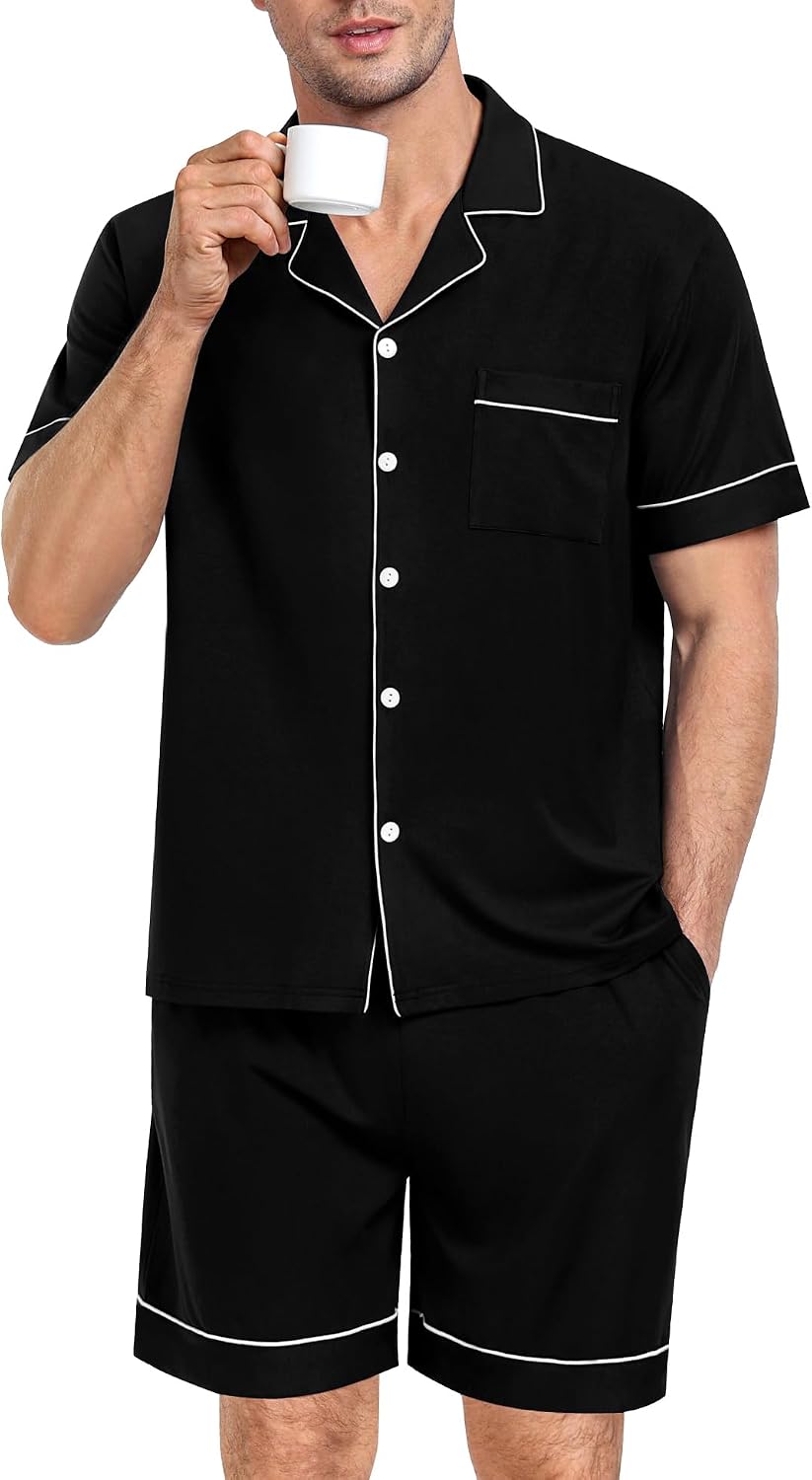 SWOMOG Mens Pajama Set Short Sleeve 2 PCS Sleepwear Button Down Soft Loungewear Modal Set Pj Set with Pockets S-3XL