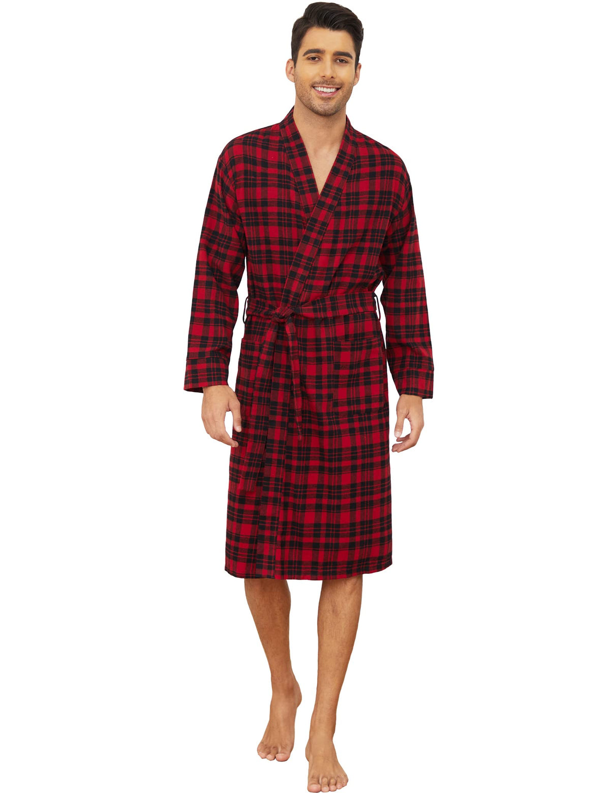 Zerbala Men's Flannel Robe Knee Length Plaid Bathrobe