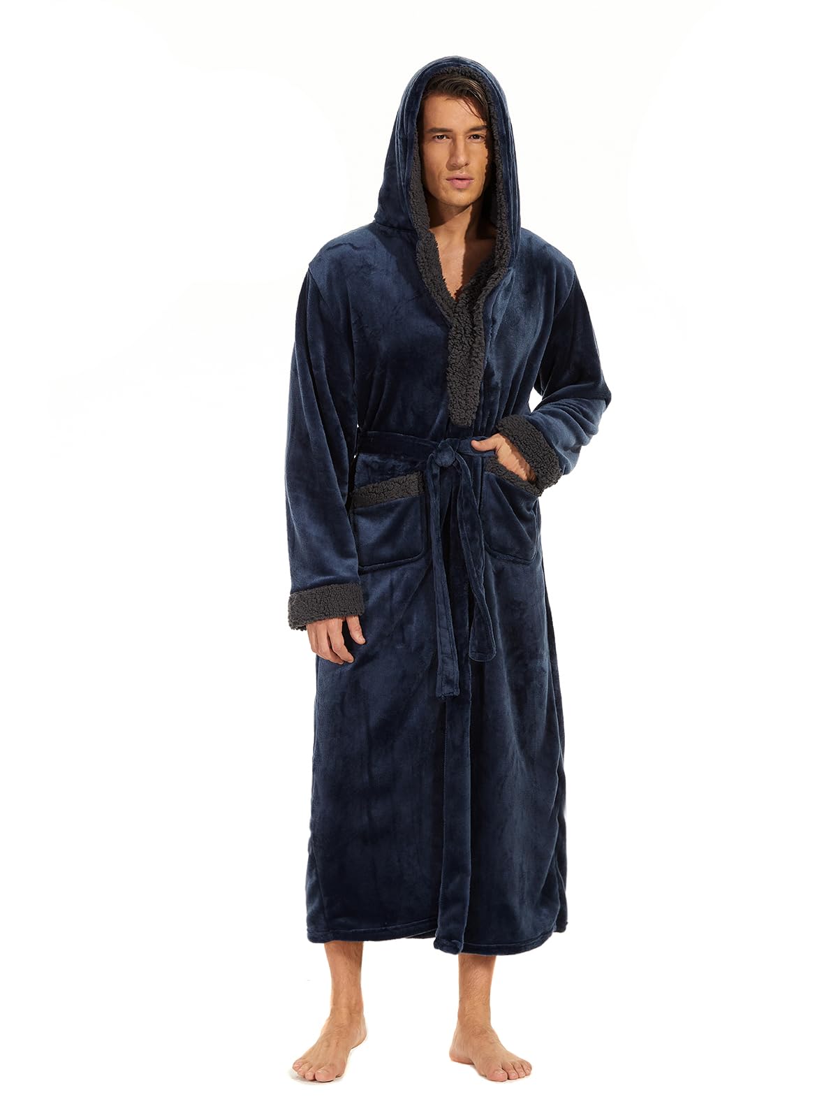 iniber Mens Hooded Robe, Soft Lightweight Plush Robes for Men, Warm Long Fleece Men's Bathrobe with Pockets