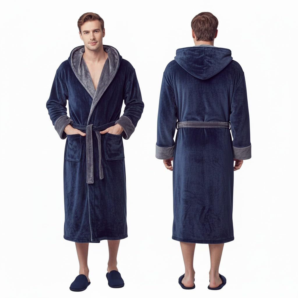 Lotus Linen Personalized Men's Plush Robe - Luxury Hooded Fleece Bathrobe with Custom Embroidery