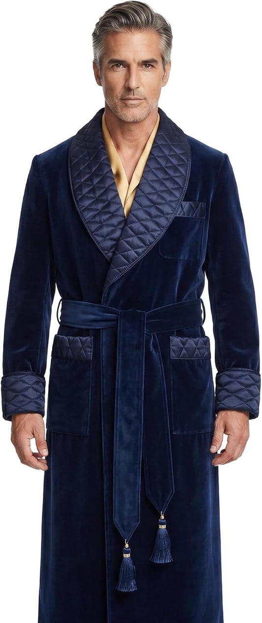 Smoking Jacket Green Long Velvet Gown For Men English Vintage Gentleman Belted Robes