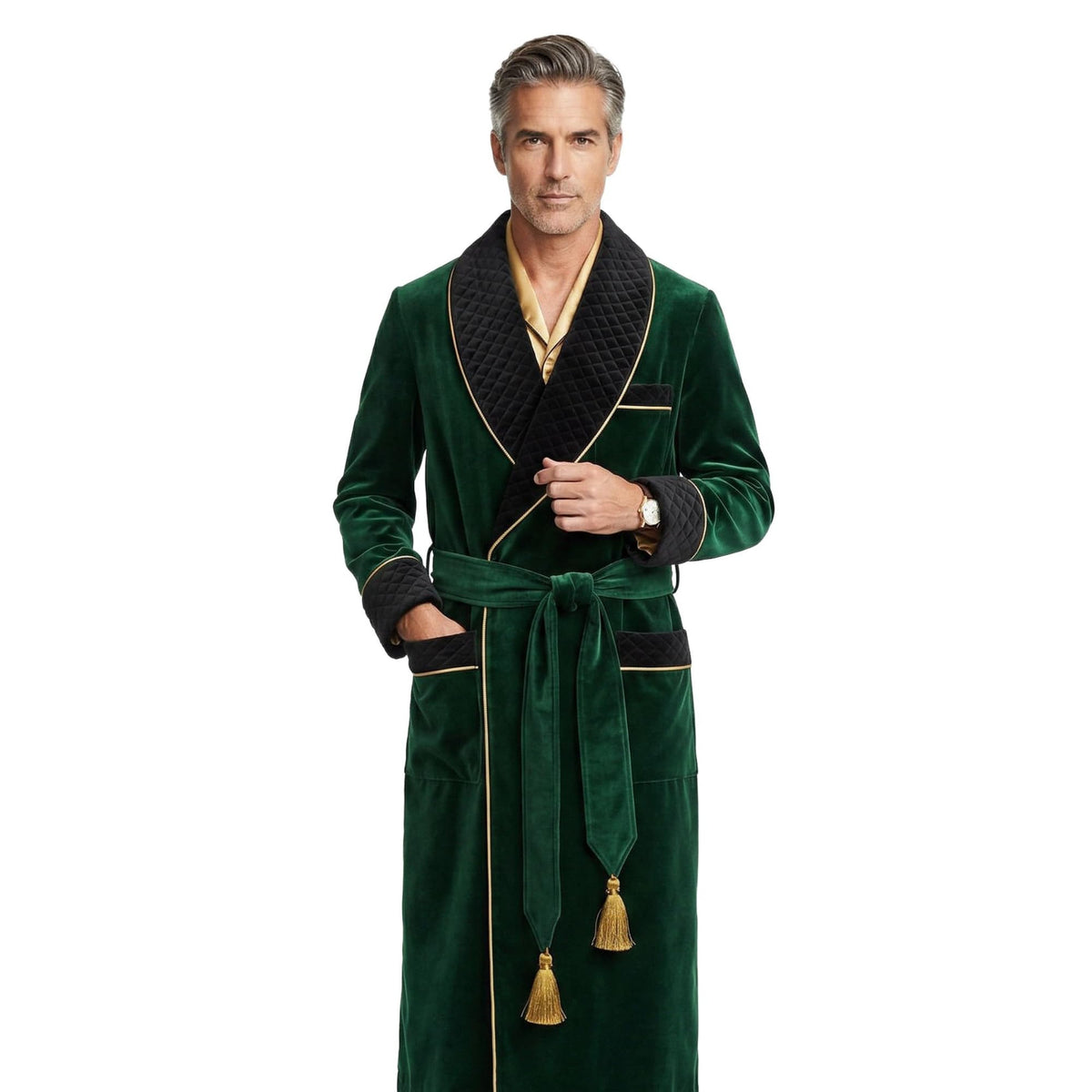 Smoking Jacket Green Long Velvet Gown For Men English Vintage Gentleman Belted Robes