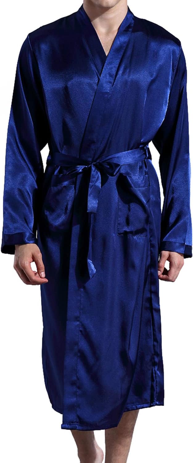 Previn Men's Satin Kimono Robe Long Spa Bathrobes Luxurious Silk Long Sleeve Loungewear