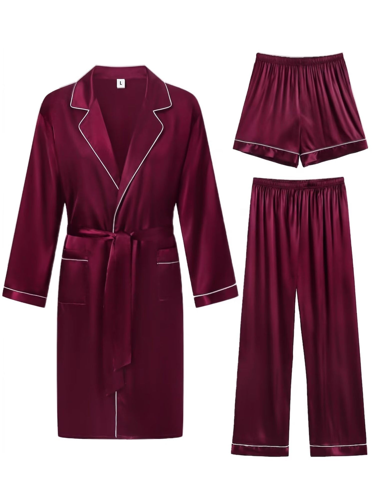 SWOMOG Men's 3 Pcs Robe Silk Satin Bathrobe with Shorts&Pants Set Soft Sleepwear Lightweight Loungewear