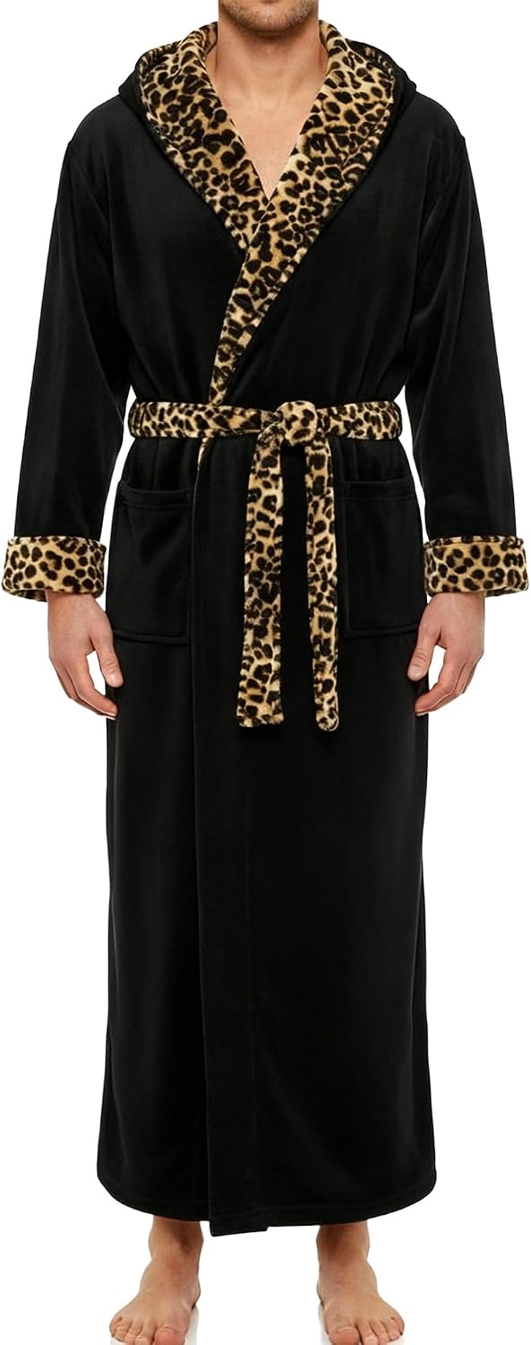 Men's Plush Fleece Hooded Robe with Pockets, Long Bathrobe