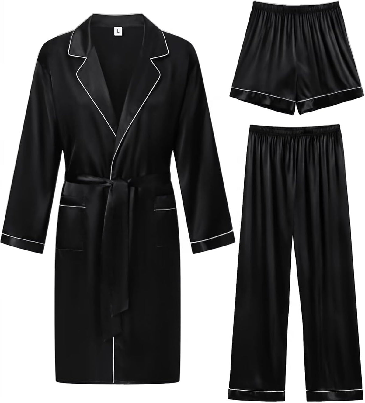 SWOMOG Men's 3 Pcs Robe Silk Satin Bathrobe with Shorts&Pants Set Soft Sleepwear Lightweight Loungewear