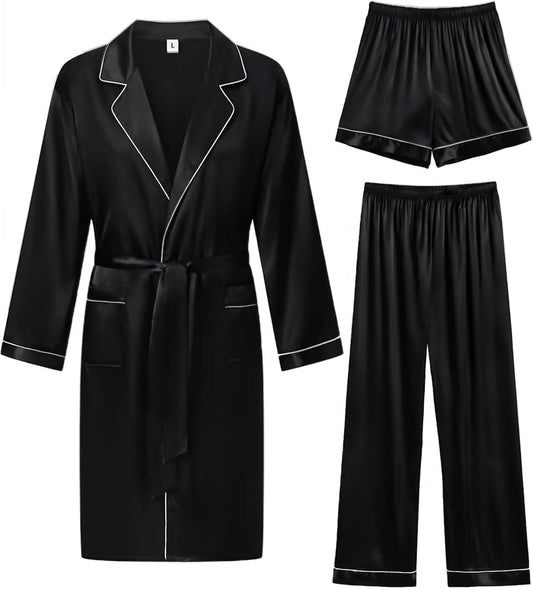 SWOMOG Men's 3 Pcs Robe Silk Satin Bathrobe with Shorts&Pants Set Soft Sleepwear Lightweight Loungewear