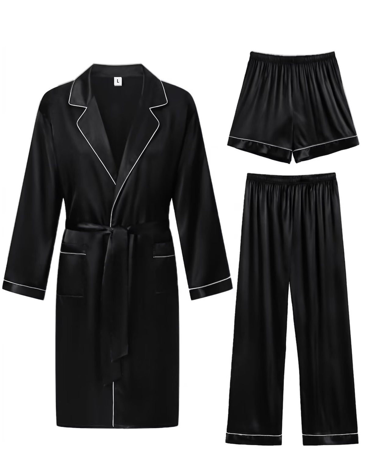 SWOMOG Men's 3 Pcs Robe Silk Satin Bathrobe with Shorts&Pants Set Soft Sleepwear Lightweight Loungewear
