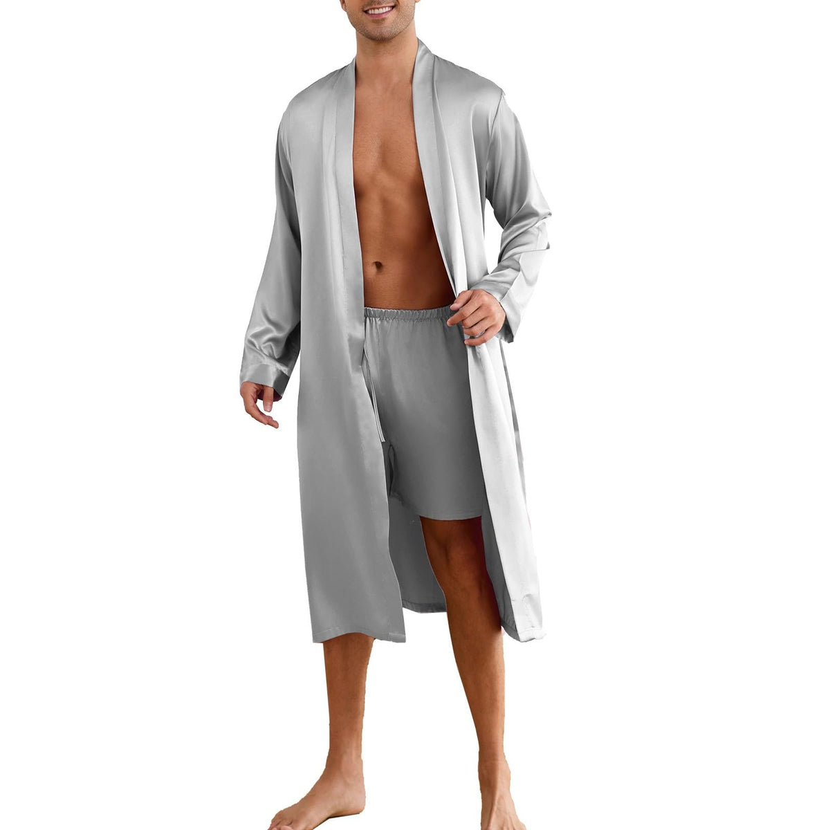 ZUEVI Men's Kimono Robe Set Silk Satin Long Sleeve Bathrobe with Shorts 2 PCS Sleepwear Pjs Sets