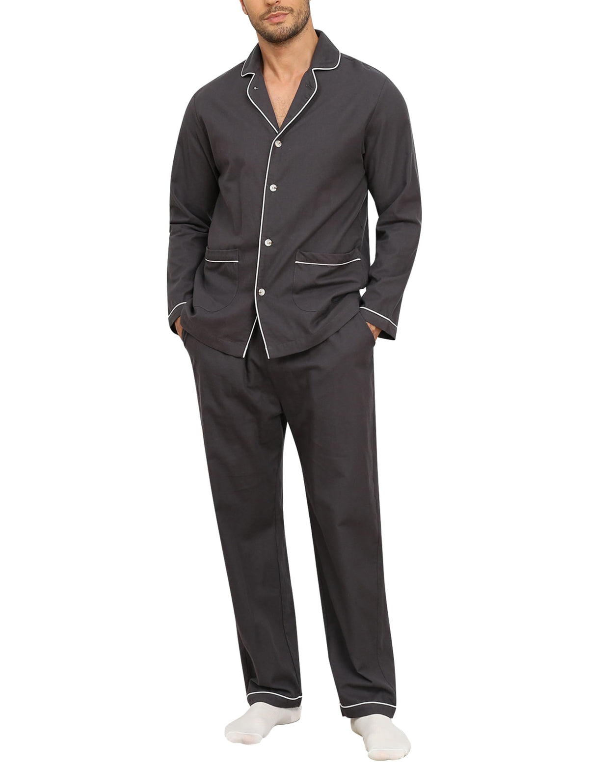MoFiz Mens Pajama Set Soft Cotton Button Down Notched Collar Pjs Long Sleeve 2 Piece Sleepwear Lounge Nightwear with Pocket