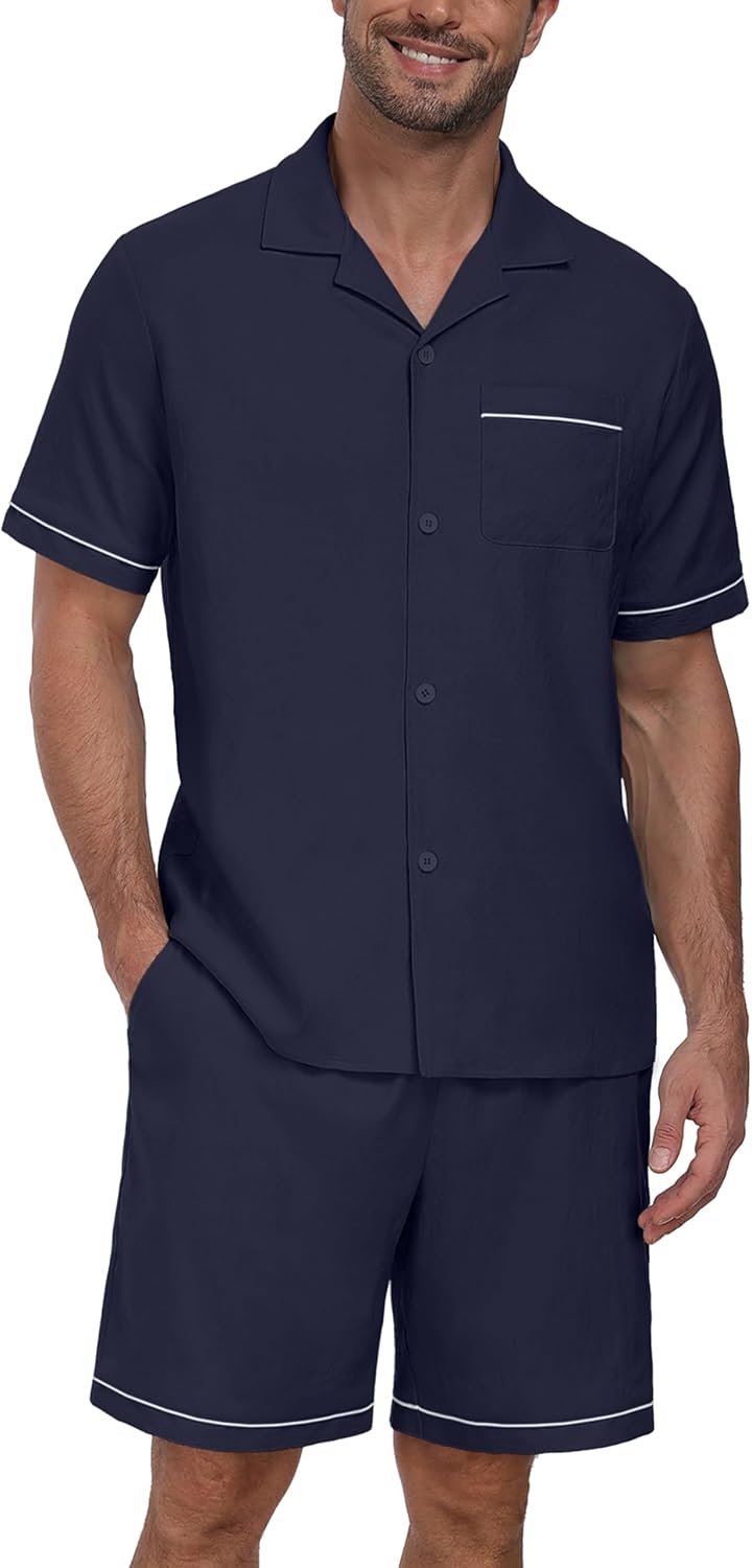 PrinStory Men's Pajamas Set Sleepwear Pjs Lightweight Short Sleeve Pajama 2 Piece Comfy Loungewear with Pockets S-2XL