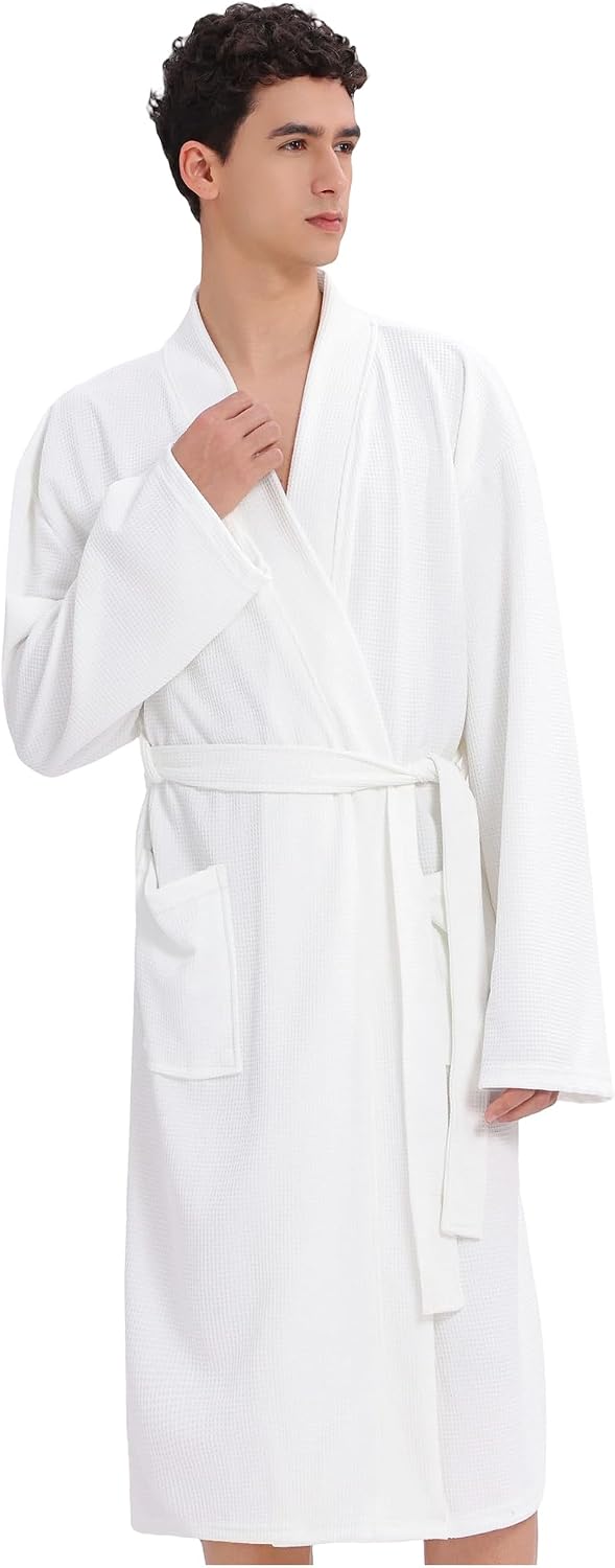 Mens Waffle Robe Spa Kimono Bathrobe Lightweight Shower Bath Robe Knee-Length Hotel Spa Robe