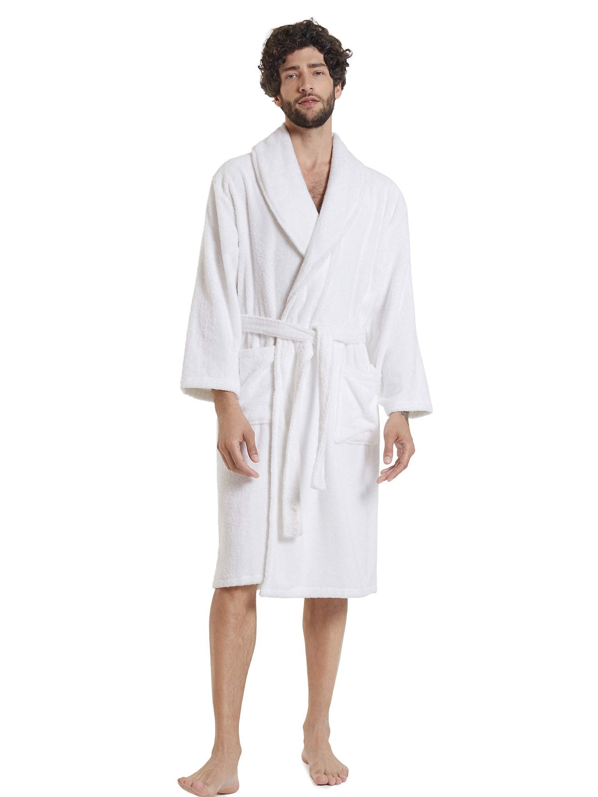 SIORO Mens Terry Bath Robe, Plush Hooded Cotton Cloth Knee-Length Robes for Spa, Shower, Soft Towel Bathrobes with Pockets