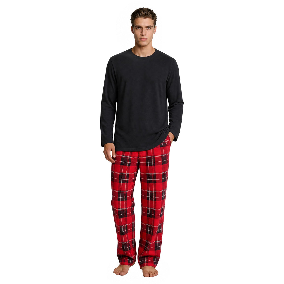 Vulcanodon Mens Pajama Set Soft Cozy Long Sleeve Crewneck Sleepwear Plaid Pants with Pockets Casual Loungewear for Men