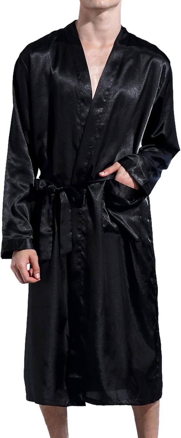 Previn Men's Satin Kimono Robe Long Spa Bathrobes Luxurious Silk Long Sleeve Loungewear