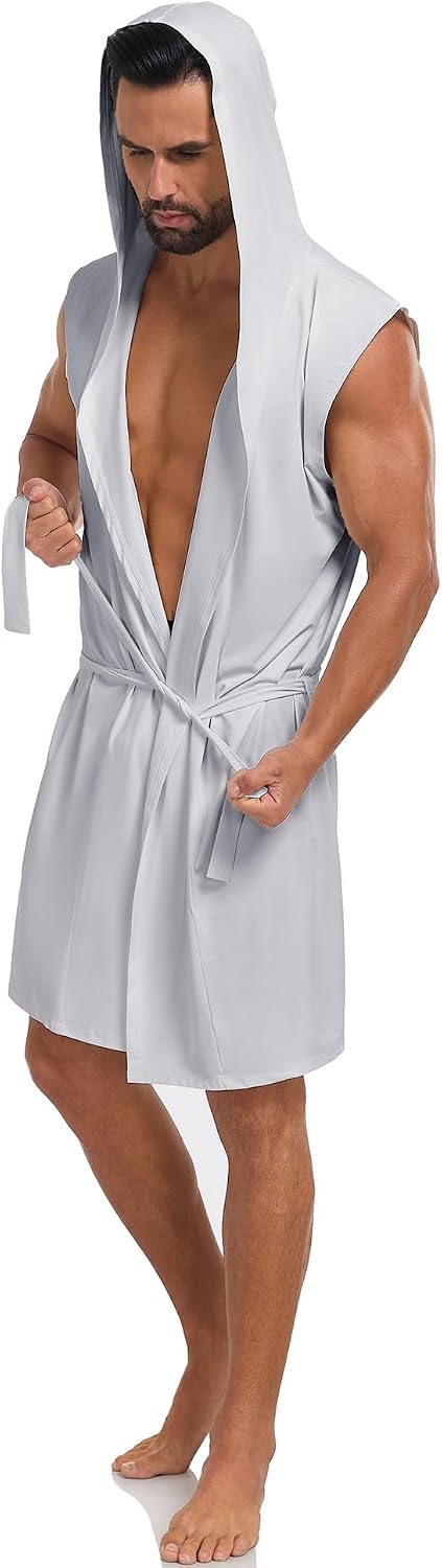 VintageClothing Men's Summer Robe with Hooded Lightweight Bathrobe House Kimono Sleeveless Sexy Sleepwear Pajamas