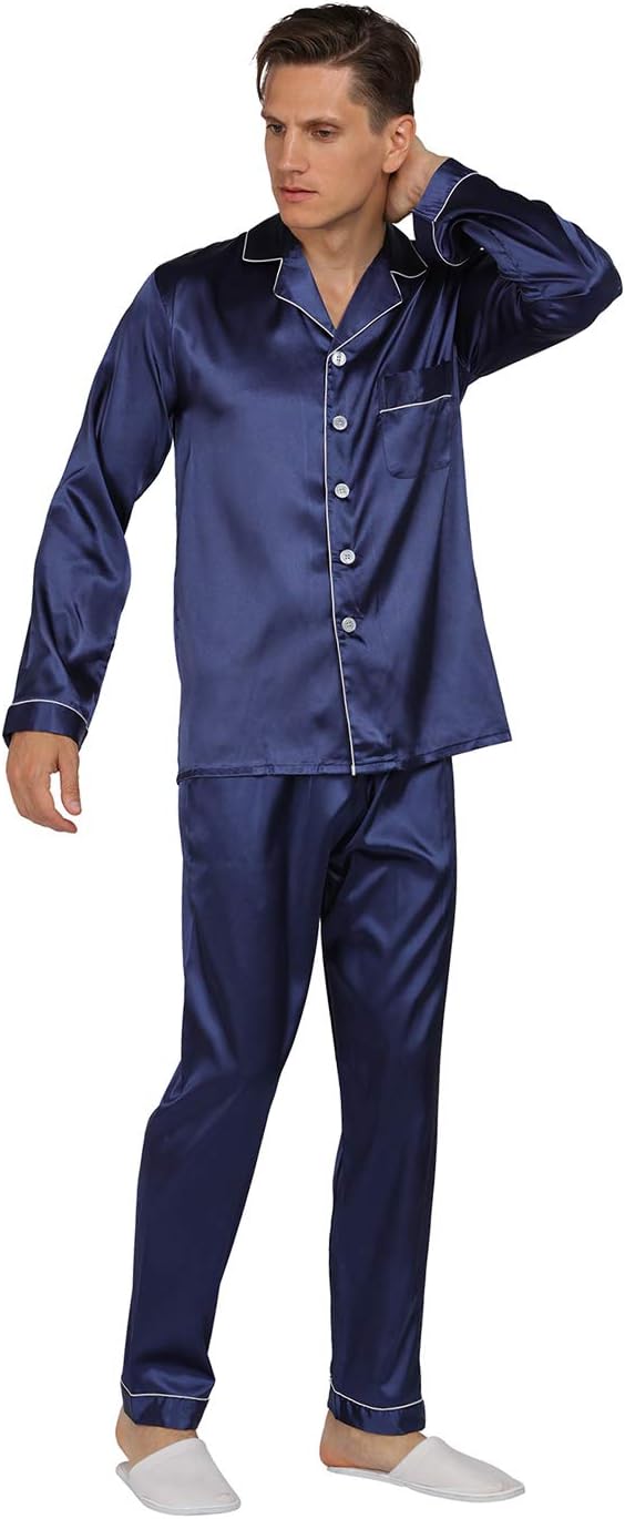 YIMANIE Mens Pajamas Silk Satin Pajamas for Men Soft Sleepwear Button Down Loungewear with Pockets