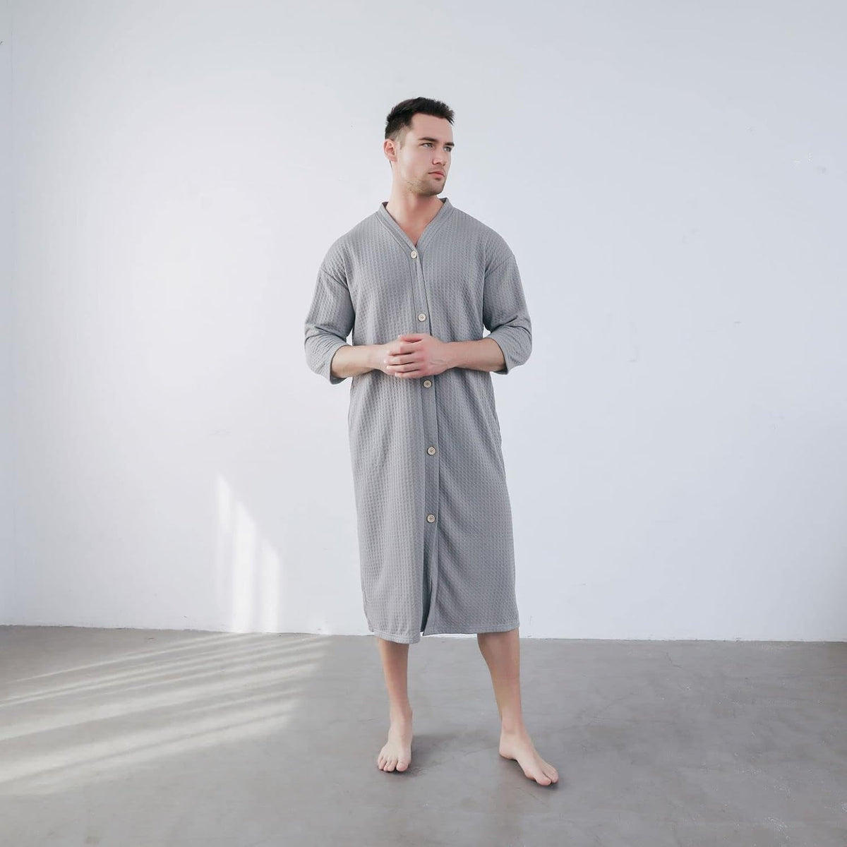 Jinda Men's Soft Robe Button Down House Coat Nightgown Summer V Neck Comfy 3/4 Sleeve Housecoat Sleep Shirt