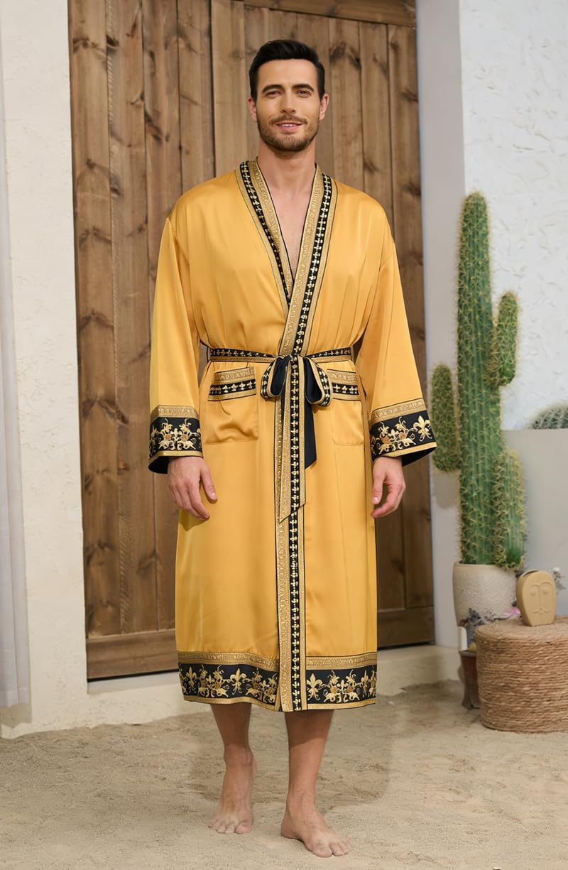 Men's Satin Robe Luxurious Kimono Bathrobe with Shorts Lightweight Soft Loungewear Nightwear with Pockets