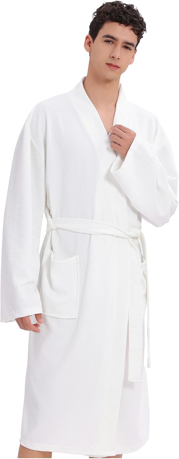 Mens Waffle Robe Spa Kimono Bathrobe Lightweight Shower Bath Robe Knee-Length Hotel Spa Robe