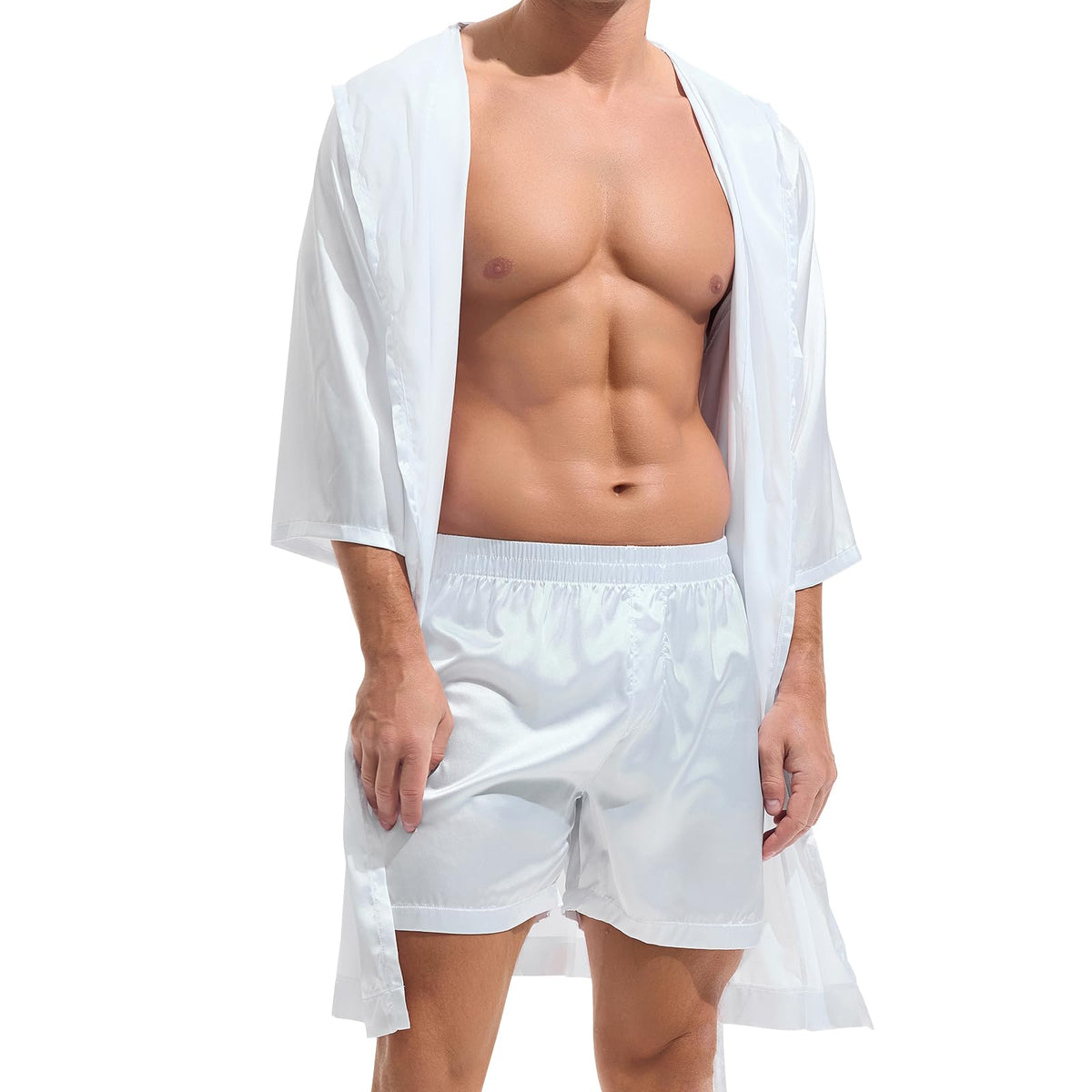 AMY COULEE Mens Sexy Satin Robe with Shorts 2 Pcs
