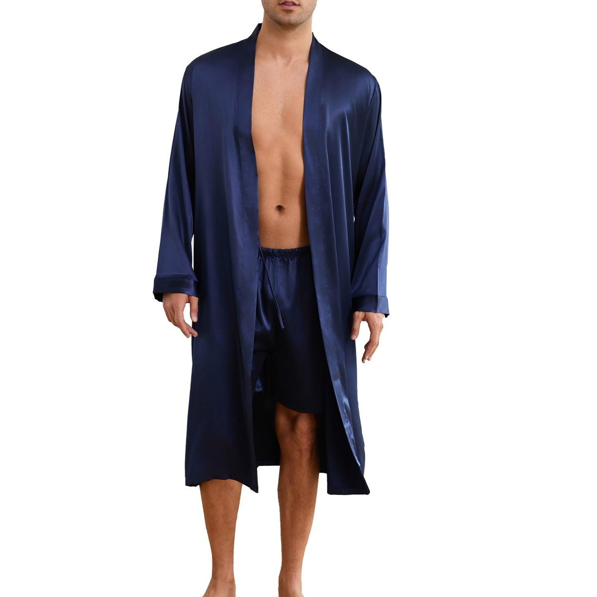 ZUEVI Men's Kimono Robe Set Silk Satin Long Sleeve Bathrobe with Shorts 2 PCS Sleepwear Pjs Sets