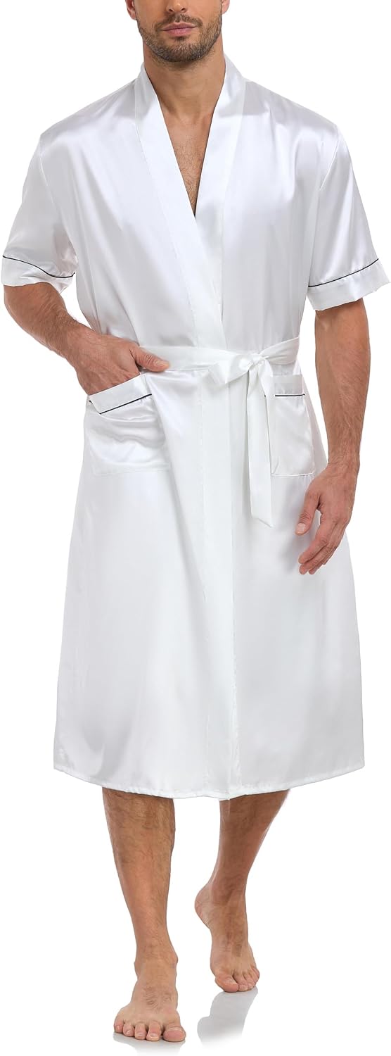 VOGMATE Men's Kimono Robe with Shorts 2 Pieces Silky Pajama Set Lightweight Satin Bathrobe Soft Sleepwear
