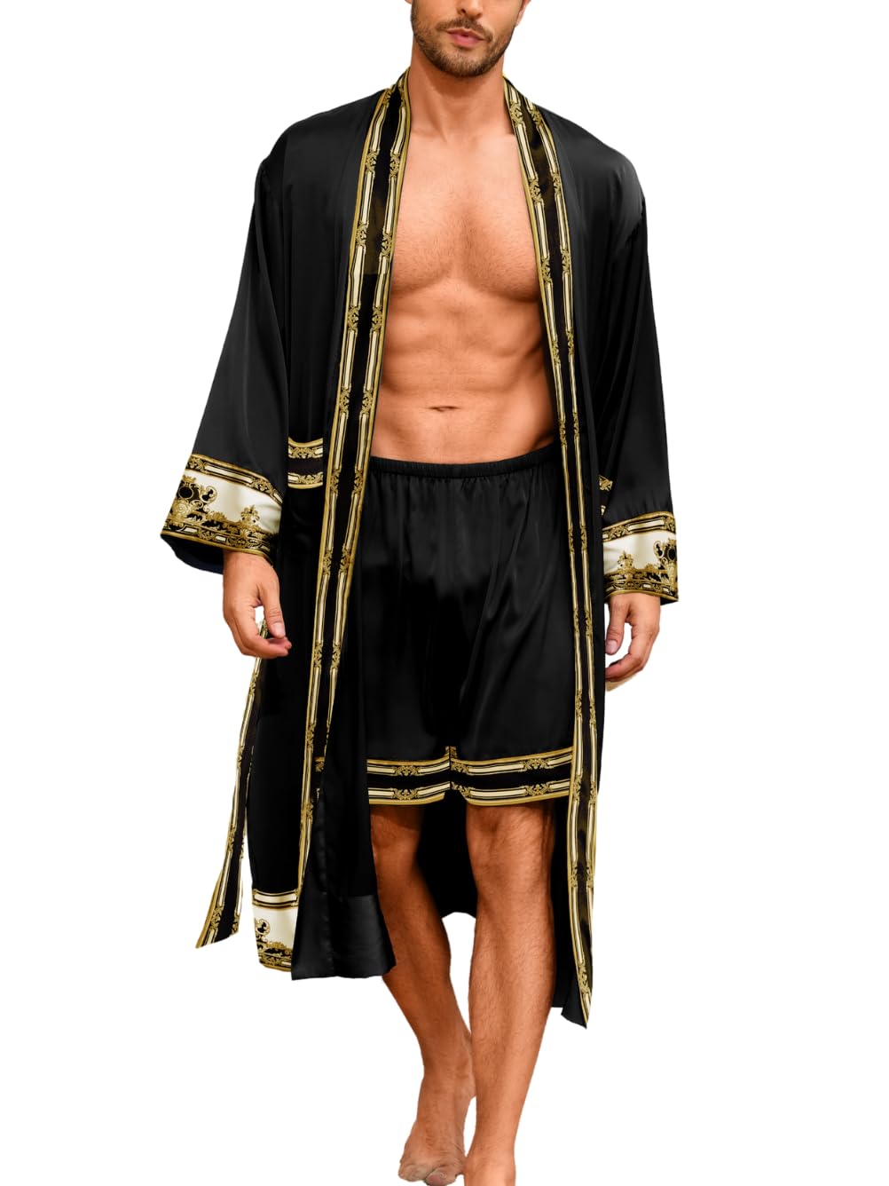 ChiaoLezhee Men's Luxury Silky Robe & Shorts Set, 2PC Lightweight Satin Pajamas with Pockets, Opulent Baroque Kimono Gifts