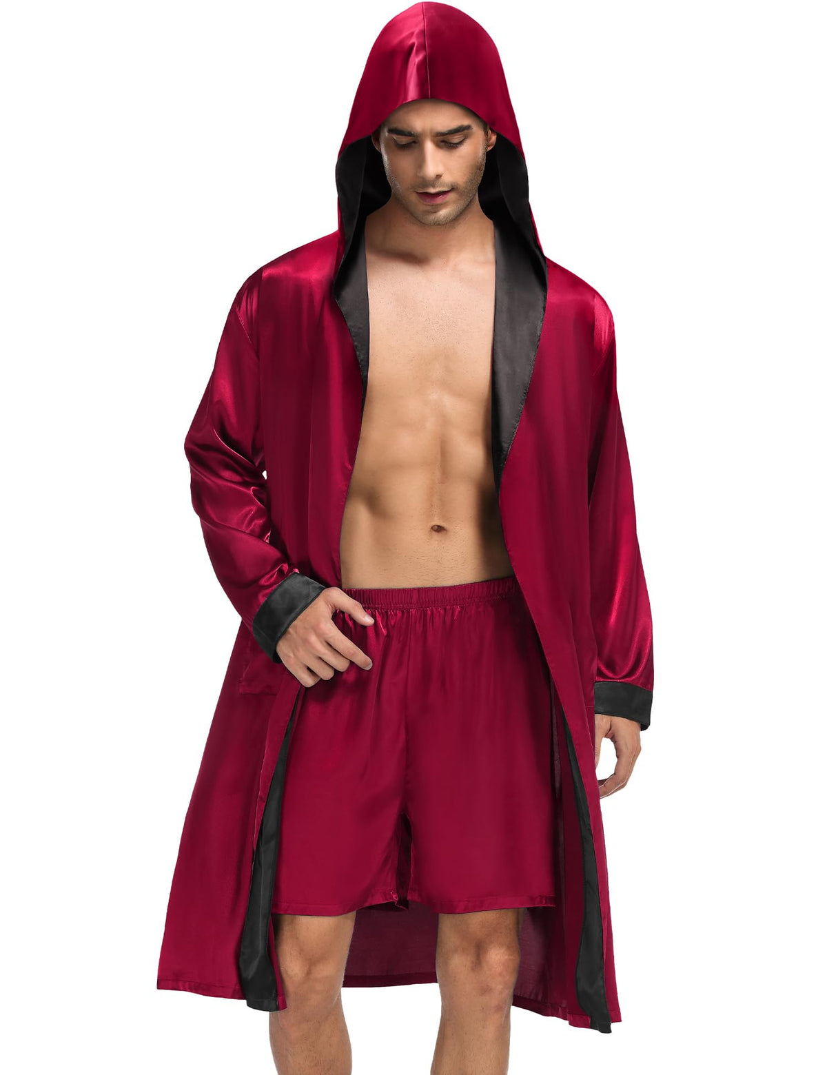 SWOMOG Mens Hooded Robe Satin Bathrobe with Shorts Set Silky Kimono Robe with Hood