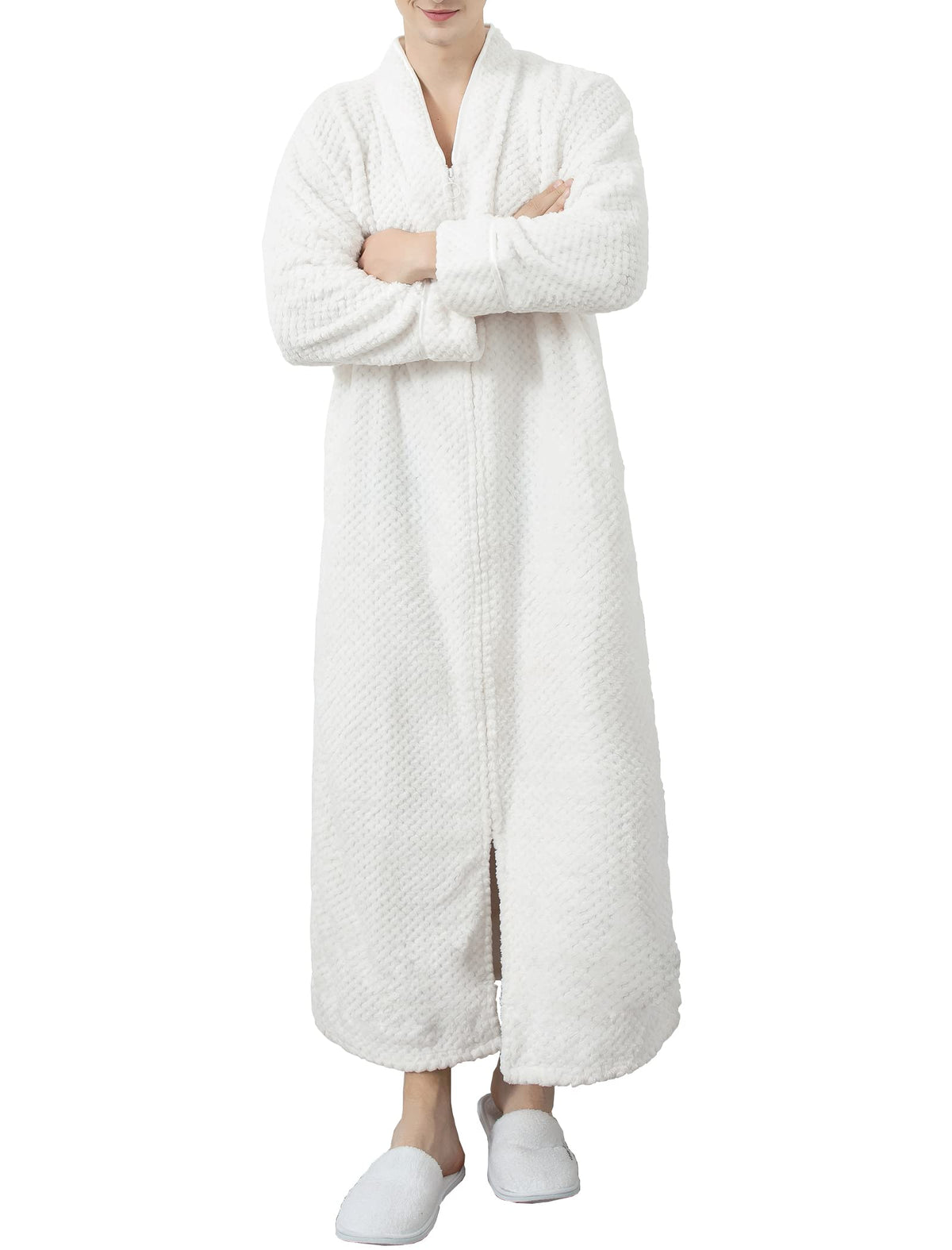 Locachy Men's Flannel Zip Bathrobes Soft Warm Long Fleece Plush Robe Housecoats Nightgown Sleepwear