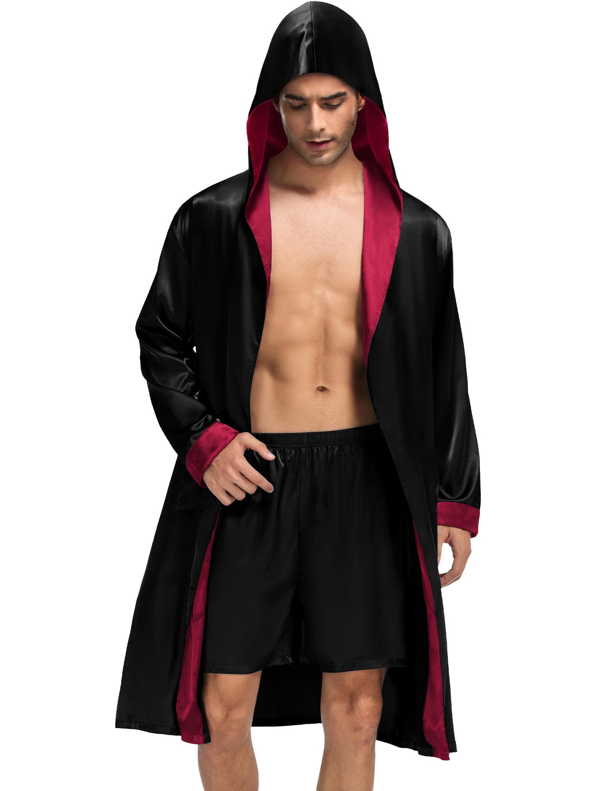 SWOMOG Mens Hooded Robe Satin Bathrobe with Shorts Set Silky Kimono Robe with Hood