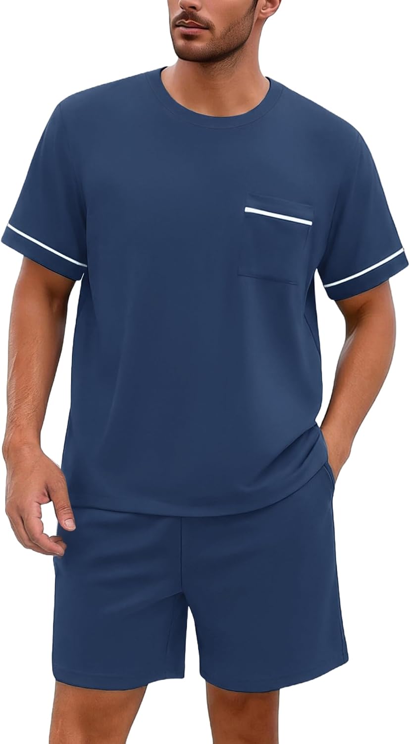 Ekouaer Men pajama set 2 Piece Short Sleeve Shirt and Shorts Lounge Sets